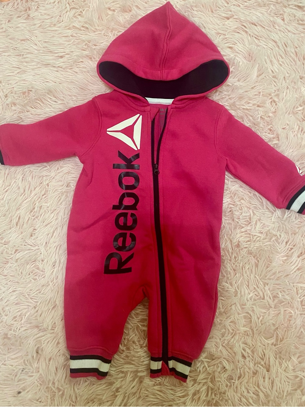 Reebok Girls Pink Hooded One-Piece Bodysuit with Logo